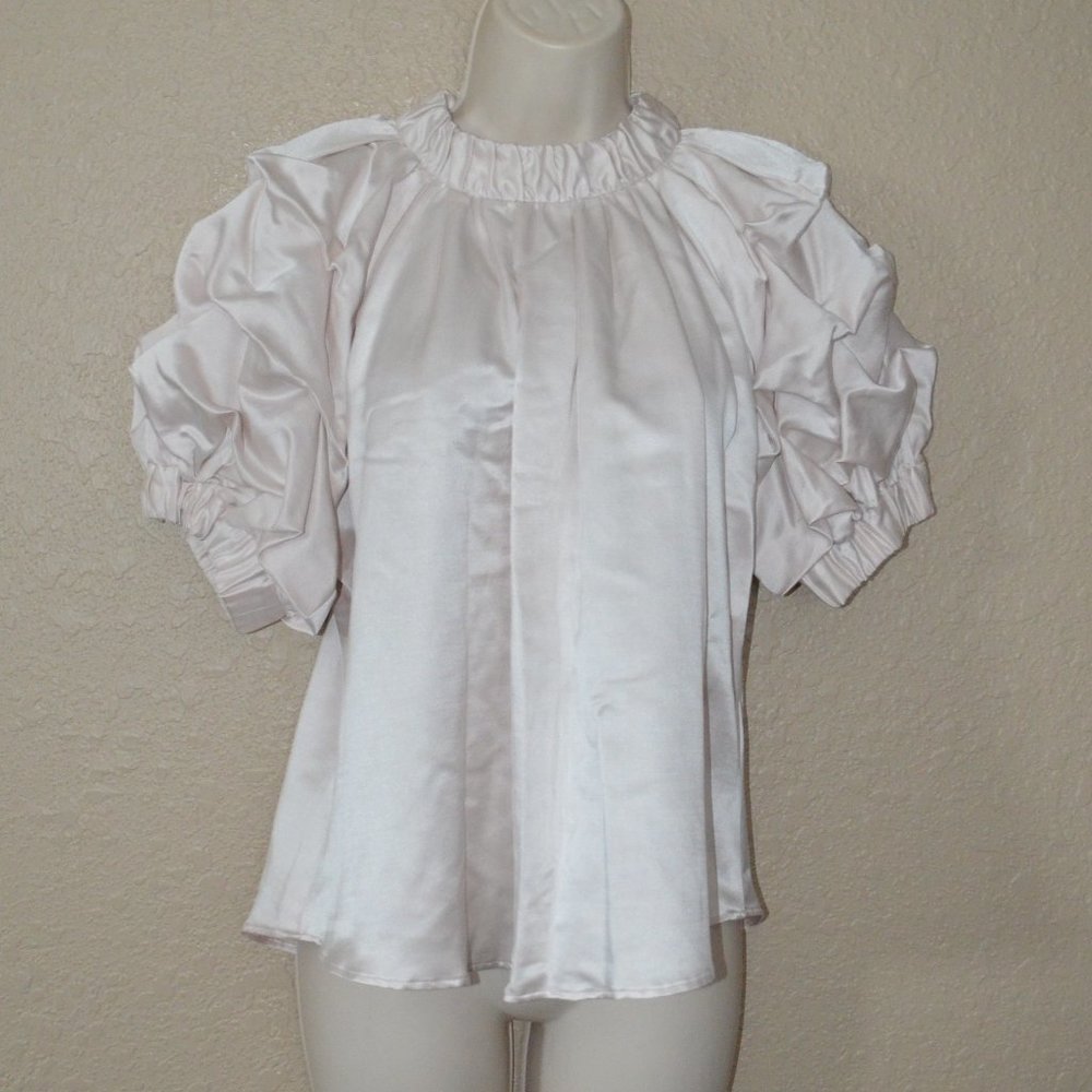 Sz S Leur Logette Pale Satin Pink Balloon Gathered Short Sleeve Blouse Top